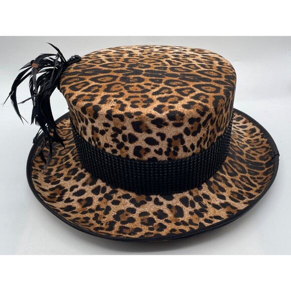 Women\'s Leopard Print Hat Church Wedding Derby Feather Rhinestone Whittall Shon